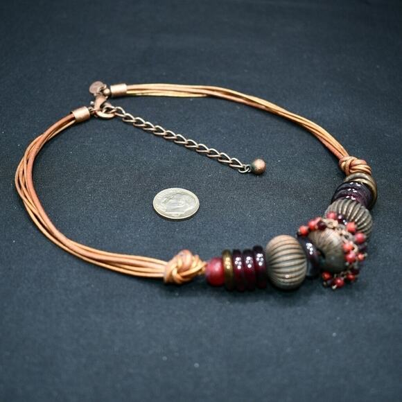 Chico’s Copper Leather Necklace Red Brown Beads Fringe Detail 5 Strands - Picture 7 of 9